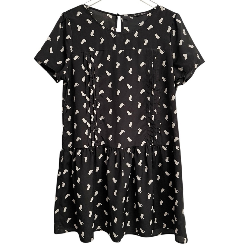 Sweet Rain Cat Print Black and White Drop Waist Mini Dress Size Extra Large - Picture 2 of 8